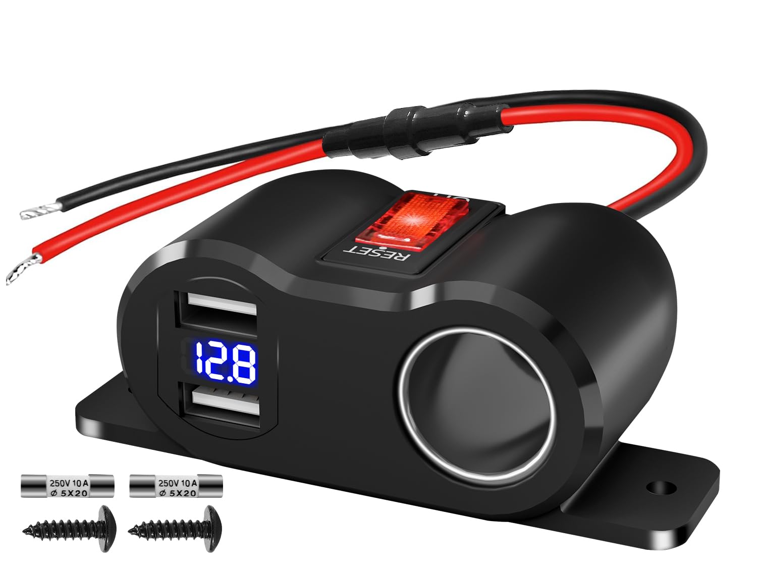 Photo 1 of 120W Dual USB Outlet Cigarette Lighter Socket Splitter with LED Voltmeter/Rocker, 12V Car Charger Power Adapter Replacement Plug Female for RV Marine Boat Motorcycle Truck ATV UTV Van (3 * 10A Fuse)