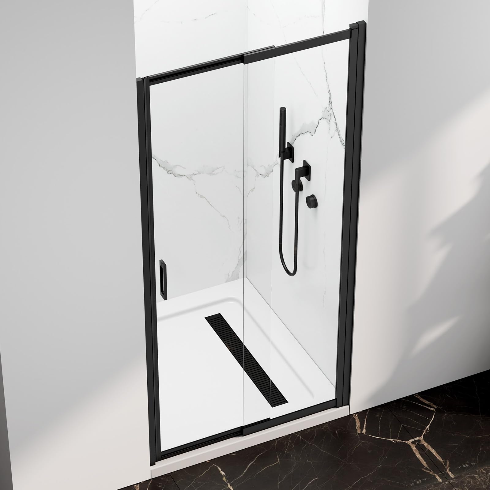 Photo 1 of 34-37" W x 72" H Pivot Swing Glass Shower Doors, 180° Rotating Retractable Bathroom Shower Door, Frameless Sliding Extended Bypass Shower Door with 3/16"(5mm) Clear SGCC Tempered Glass Matte Black