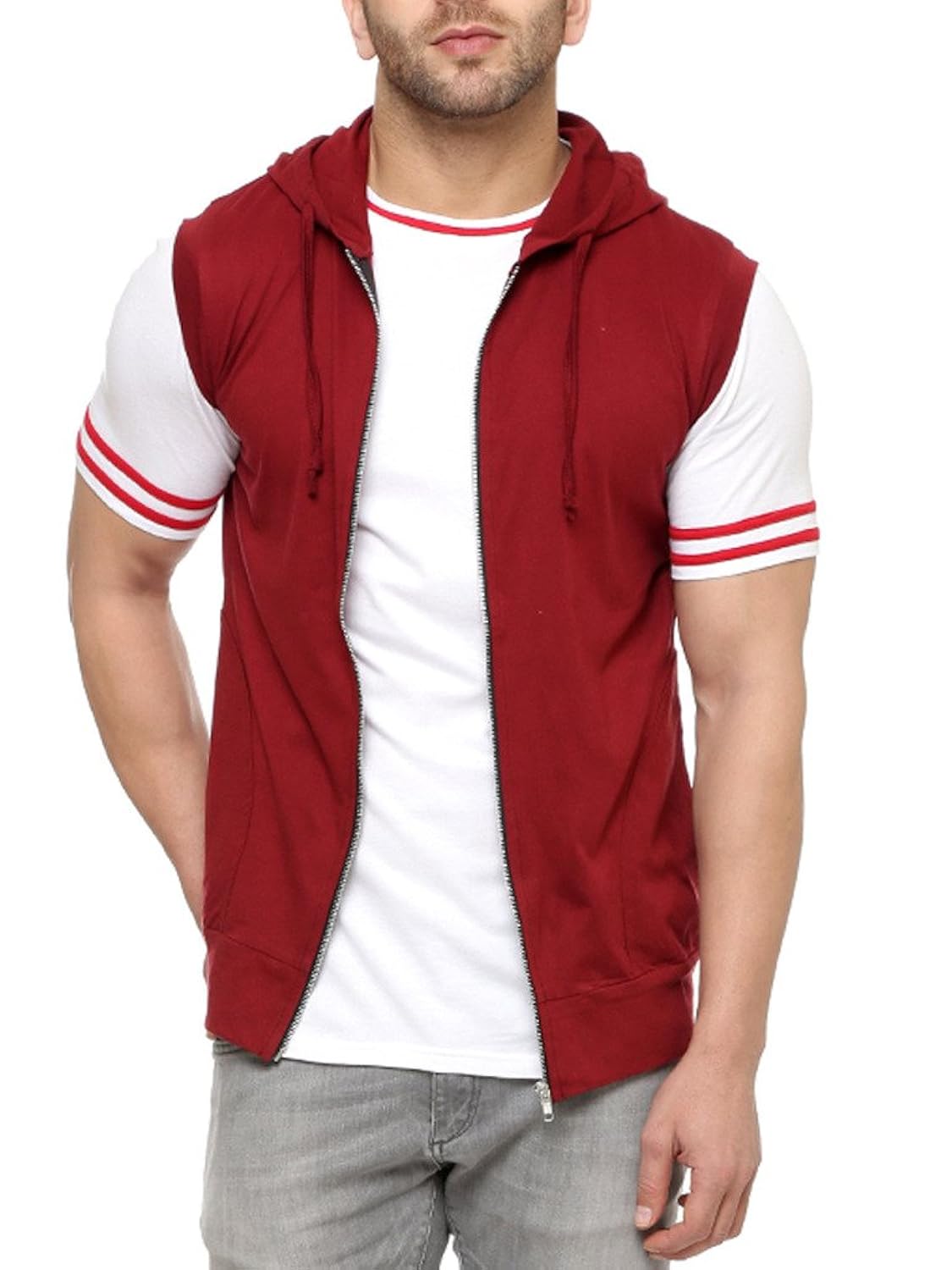 gritstones stylish maroon cut sleeve hooded jacket