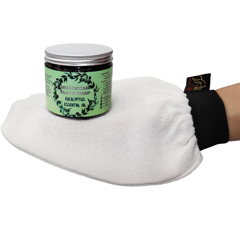 AL HOOR Moroccan Black Olive Soap Infused In Eucalyptus Oil + Kessa Glove - Deep Acne Cleansing & Dead Skin Cells Remover (Eucalyptus/White Kessa)