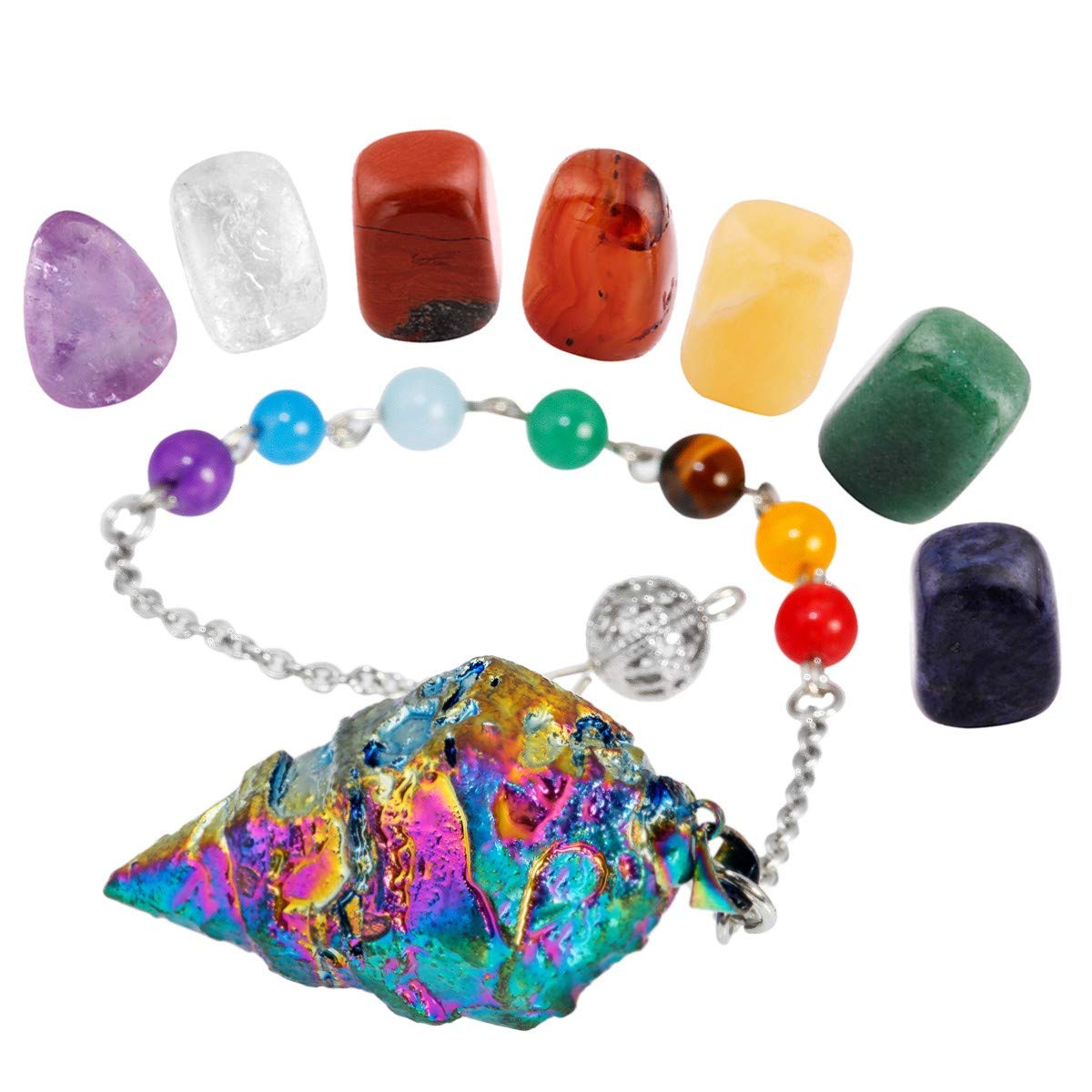 mookaitedecor 7 Chakra Crystals Set,Healing Crystal Polished Tumbled Worry Stones & Rainbow Pendulum Dowsing