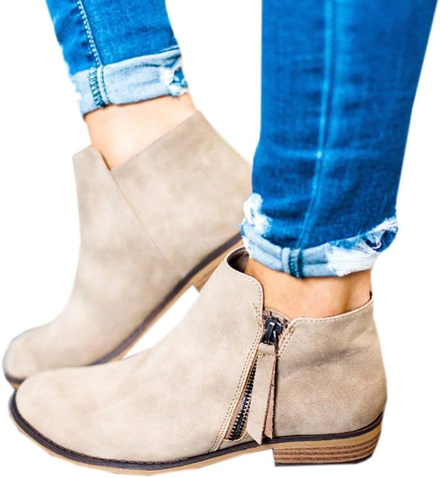 Chelsea Boots Women Flat Heeled Block Heel Suede Ankle Leather Winter Lace Ladies Casual Comfortable Chunky 2.5cm Low Shoes Beige Black Grey 5.5UK (BG40)