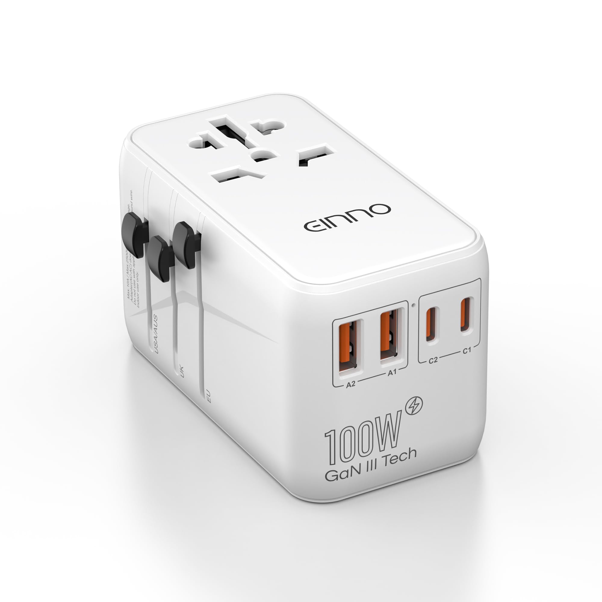 EINNO International Travel Adapter 100W, Universal for EU, USA, UK, Australia - Worldwide Plug Adapter With 2 USB-C and 2 USB-A