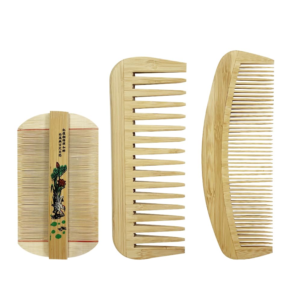 ONEBO Set of 3 wood coloured combs,Handmade combs,Wide tooth comb,For long,short,coarse and fine hair,as well as for removing dandruff with a close-toothed comb
