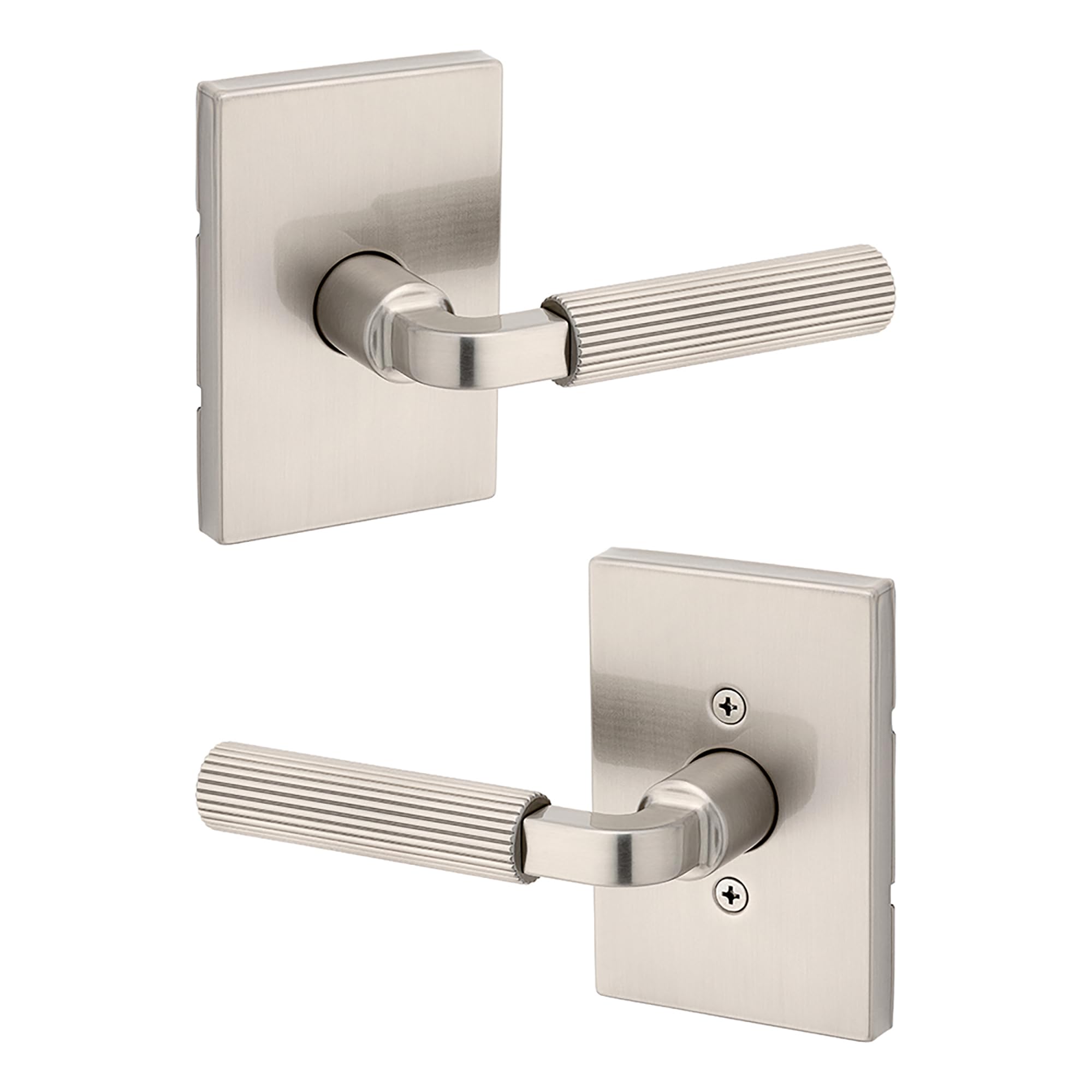 Kwikset Mirada Reeded Interior Passage Door Handle, Lever for Closet and Hallway Doors, Reversible Non-Locking Handle Lever, Satin Nickel, with Microban Protection