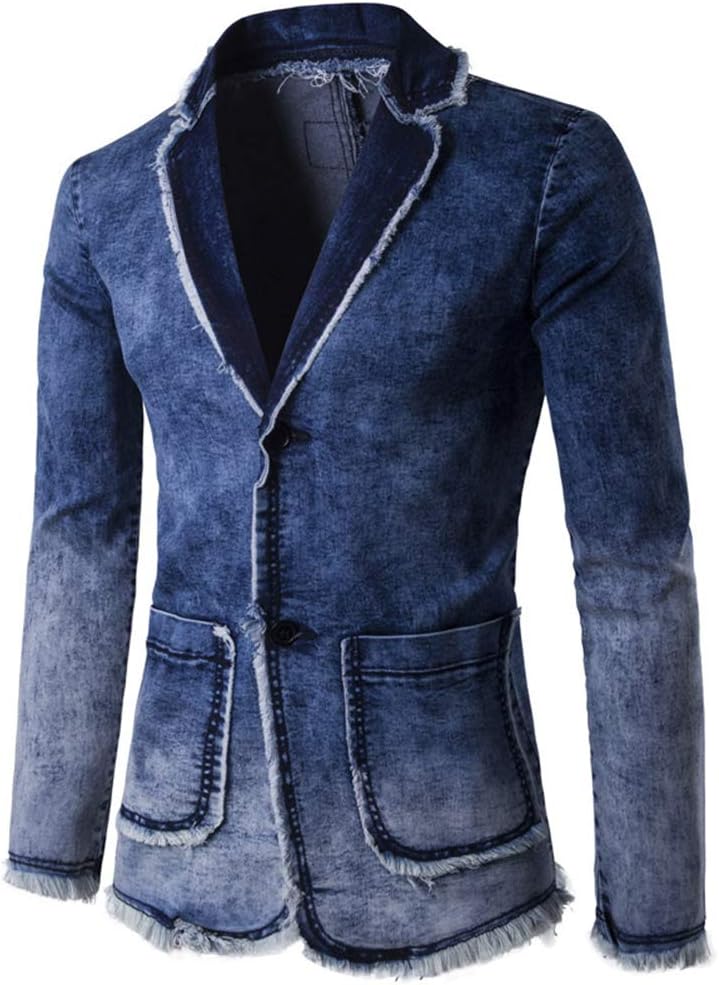 Men's Classic Notched Collar Two Buttoned Denim Suit Fashion Gradient Washed Blue Blazer Jacket