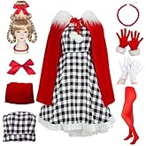 Zsuahuoo 8PCS Women Costume Adult Halloween Christmas Costume Plaid Dress with Red Velvet Cape Wig Accessories