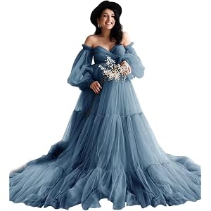 Puffy Tulle Maternity Dresses for Photoshoot Long Sleeve Baby Shower Dress Off Shoulder Pregnancy Gowns