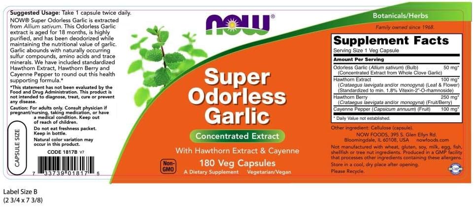 NOW Supplements, Super Odorless Garlic with Hawthorn Extract and Cayenne, 180 Veg Capsules: Health & Personal Care