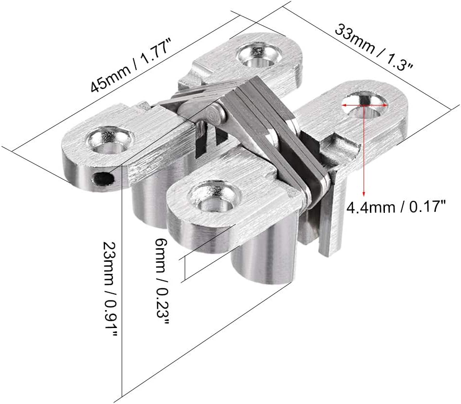 sourcing map 2pcs Invisible Concealed Cross Hinges Wooden Doors, Zinc Alloy, 45 x 37 x 12mm, Silver Tone, 45mm Length,2 pcs - Image 4