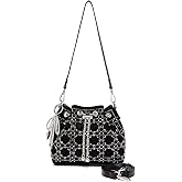 Women's Black Crystal Embellished Plaid Drawstring Bucket Bag with Adjustable Shoulder Strap Evening Handbag