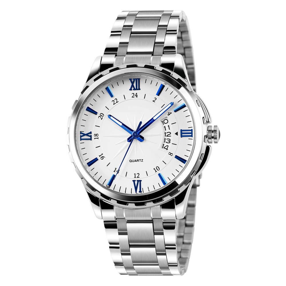 FeiWen Men's Fashion Analog Quartz Watch Stainless Steel Business Dress Watches for Men Luminous Pointer Calendar Date, Blue