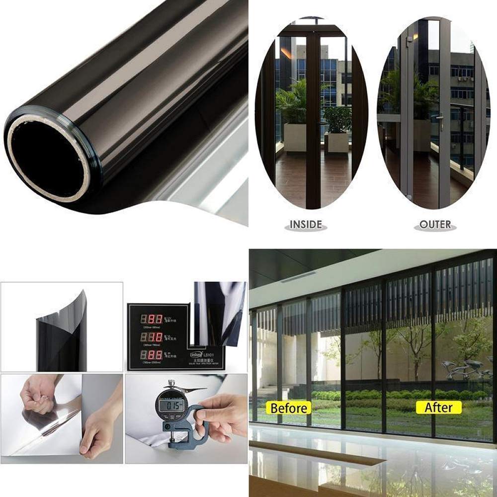 Dolwis Store One Way Window Film Daytime Privacy Static Cling Self Adhesive House Film Glass Window Tint Heat Control Mirror Film (Black Silver, 35.4 Inch x 13.1 Feet)