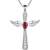 YL Cross Necklace 925 Sterling Silver Angel Wings Pendant Teardrop Birthstone Criss Jewelry for Women