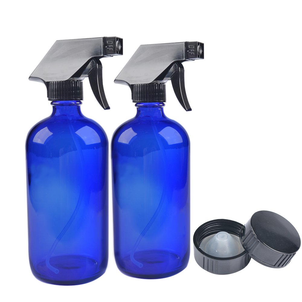 Two Blue Glass Spray Bottles with Black Trigger Sprayer.16 oz Refillable Bottle for Essential Oils,Cleaning Products,Aromatherapy,Organic Beauty Products.Stream and Spray Settings Available