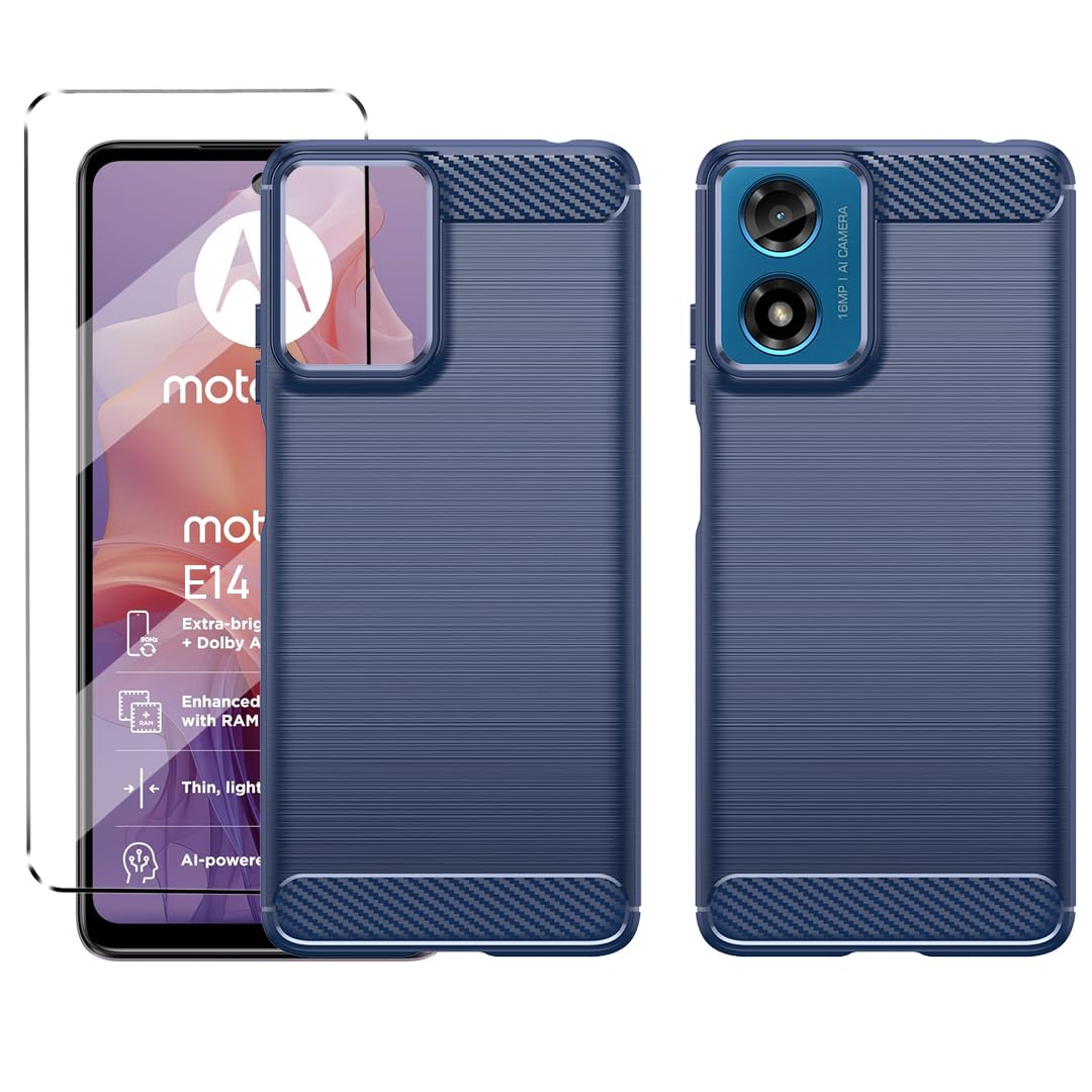 HuiYouMY 2-in-1 Case Compatible with Motorola Moto E14 Cover with 1 Pack Tempered Glass Screen Protector for Motorola Moto E14, Slim Fit Soft TPU Shockproof Anti-Scratch Phone Case Cover - Black