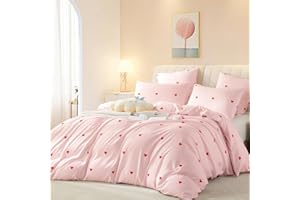 Jolusere Pink Striped Duvet Cover Queen Red Love Heart Duvet Cover Set for Girls Kids 3Pcs Cute Heart-Shaped Pattern Comforter Cover Girly Pinstripe Bedding Set with Zipper Closure Soft Breathable