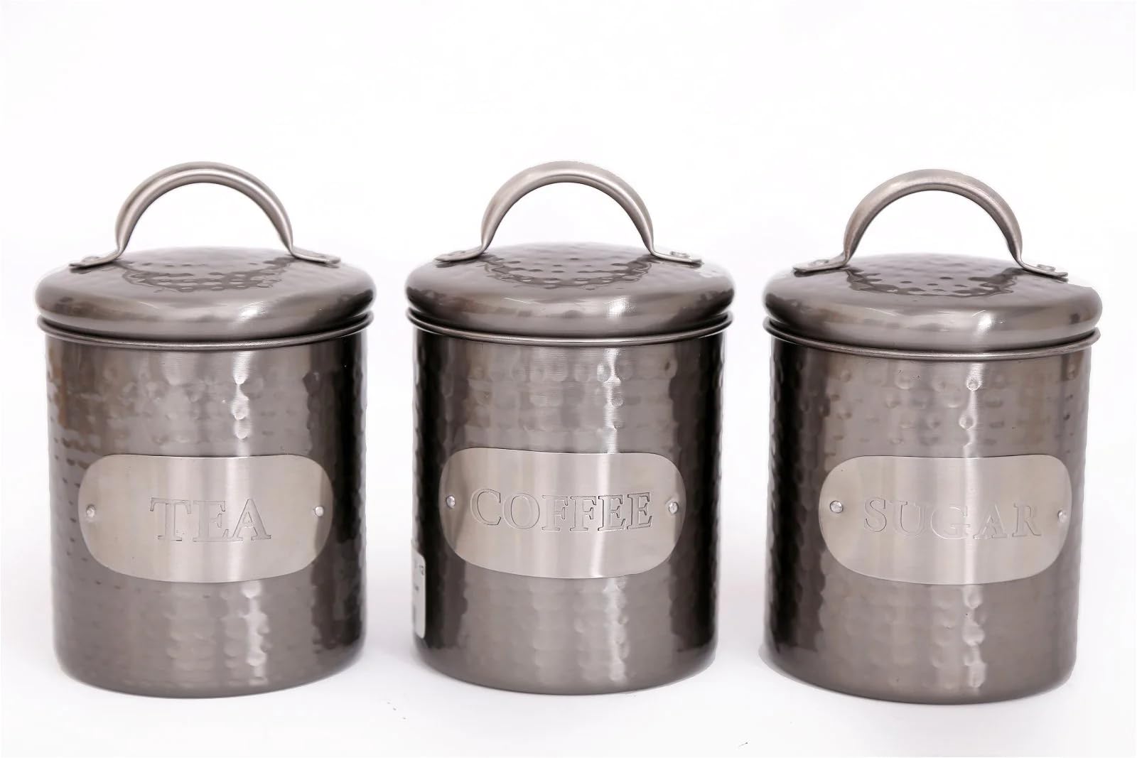 Grey Hammered Metal Tea Coffee Sugar Storage Canister Set