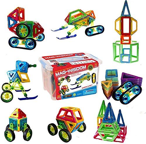 Magnetic Blocks ,Cocolo 55-Pcs Set 4D Magnetic Building Blocks, Educational Construction Magnetic for Kids, Varied Shapes in Rainbow Colors, Strong Metallic Rivets, Wheels &amp; Storage Box