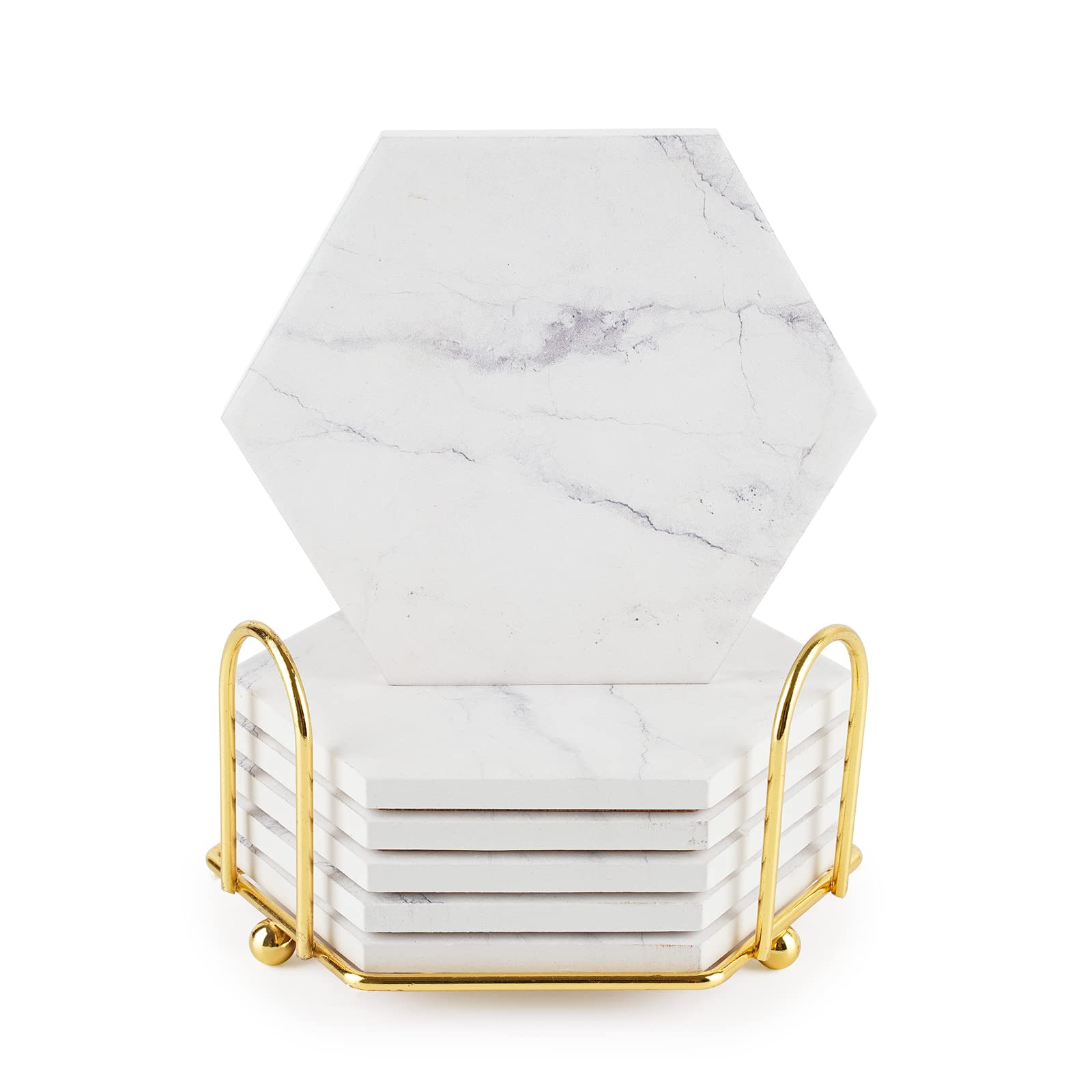 Marble Coasters for Drinks Absorbent with Cork Base,Drink Coasters Set of 6 for Table,Ceramic Coaster with Holder,Home Decor Coffee Cup Beverage Wine Beer Bar Coaster (White) — image 1