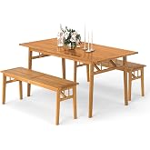 Tangkula 3 Pieces Patio Dining Set, Acacia Wood Space Saving Outdoor Rectangular Picnic Table with 1.97&rdquo; Umbrella Hole and 2 Benches, for Yard, Garden and Poolside