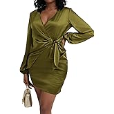 LYANER Women's Satin Silky Wrap V Neck Tie Waist Long Sleeve Mini Short Dress