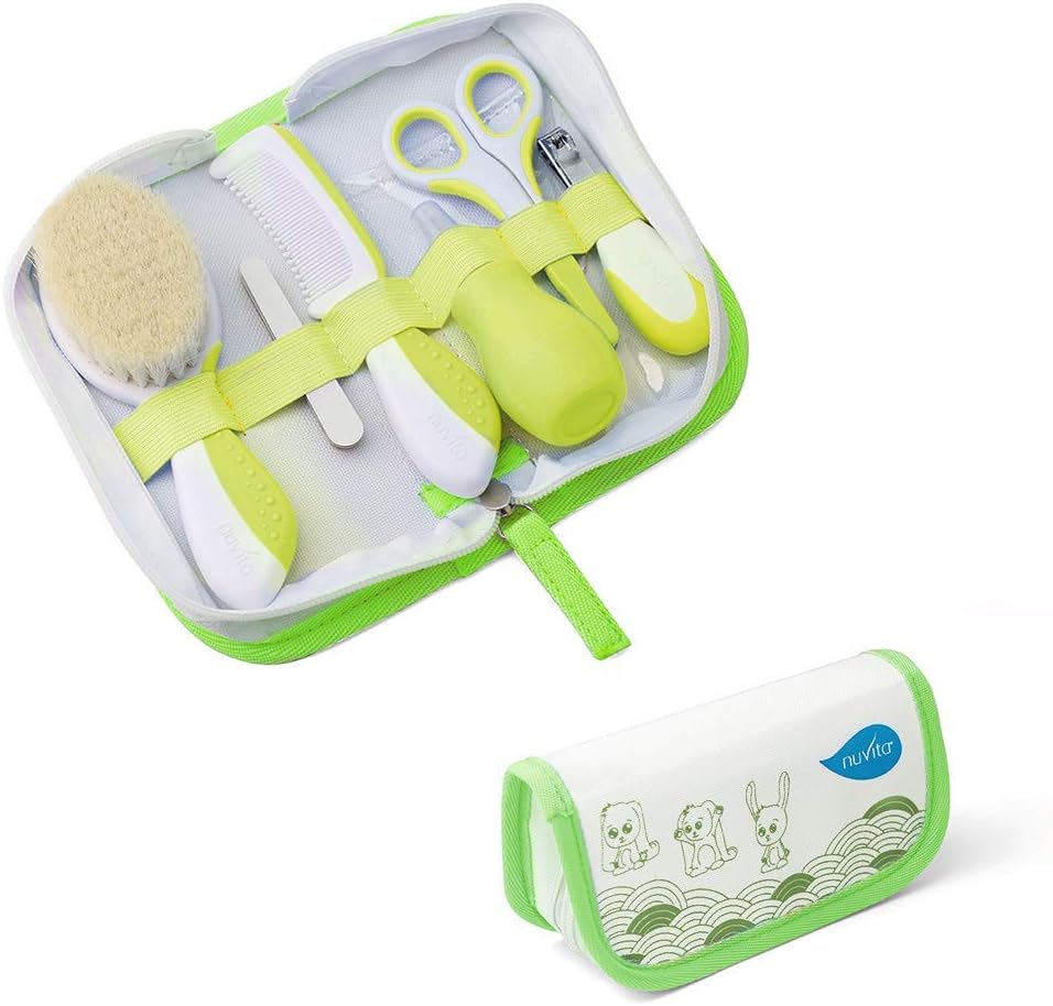 Nuvita 1136 Baby Grooming Kit – Newborn Essentials in a Complete Baby Care Set - Baby Natural Wool Hair Brush | Curved Ergonomic Comb | Baby Nail kit & More in a Cute Zipper Case – EU Brand (Green)