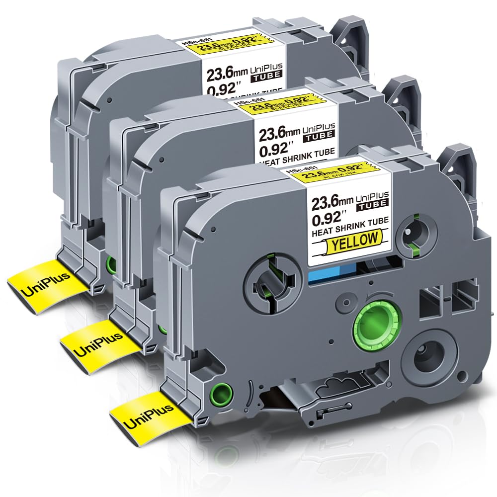 3 x UniPlus Heat Shrink Tube Tape 23.6 mm x 1.5 m Compatible with Brother P-Touch Hse-651 Hse651 Hs Hsc651 Heat Shrink Tube Tapes Black on Yellow Label Tape for PT E300VP E550WVP E500 P750WVP