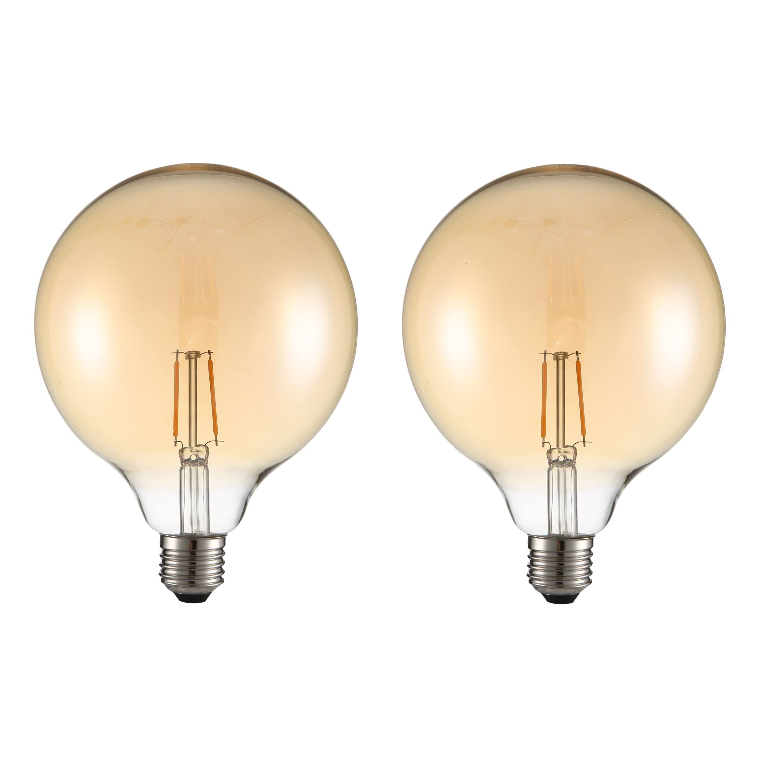 TEKLED G125 E27 Large LED Globe Bulb, 2W, 2400K Warm White Amber Tint, Vintage Edison, Non-Dimmable, Pack of 2