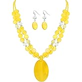 Xalroco Multi-Strand Shell Beads Statement Necklace and Earrings Set for Women Oval Shell Pendant Choker Necklace Set Chunky Big Colorful Glass Stone Beaded Jewelry Gift