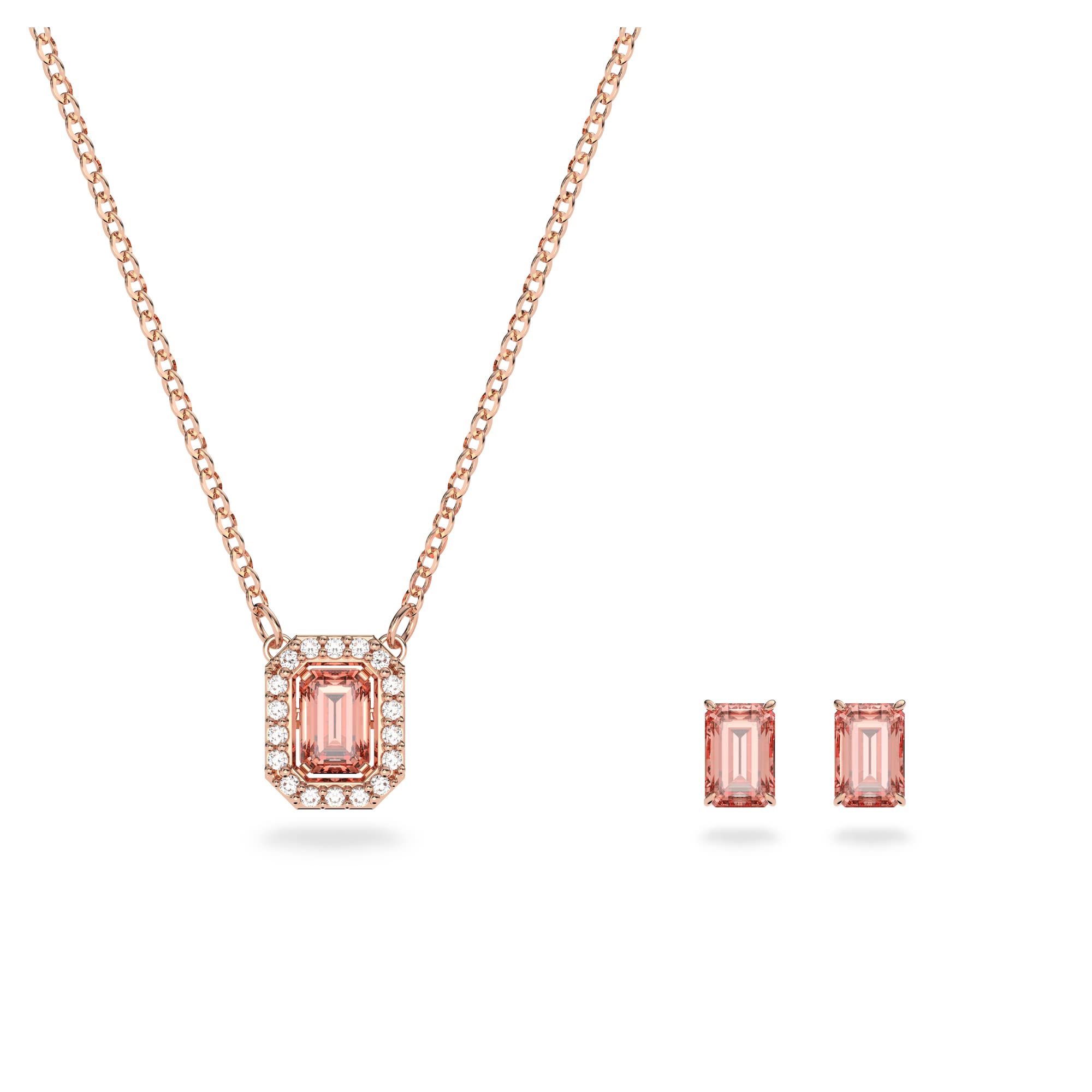 Swarovski Millenia Necklace and Stud Earrings Set, Pink Octagonal Cut Crystals with Zirconia, Rose Gold Tone Plated from the Millenia Collection