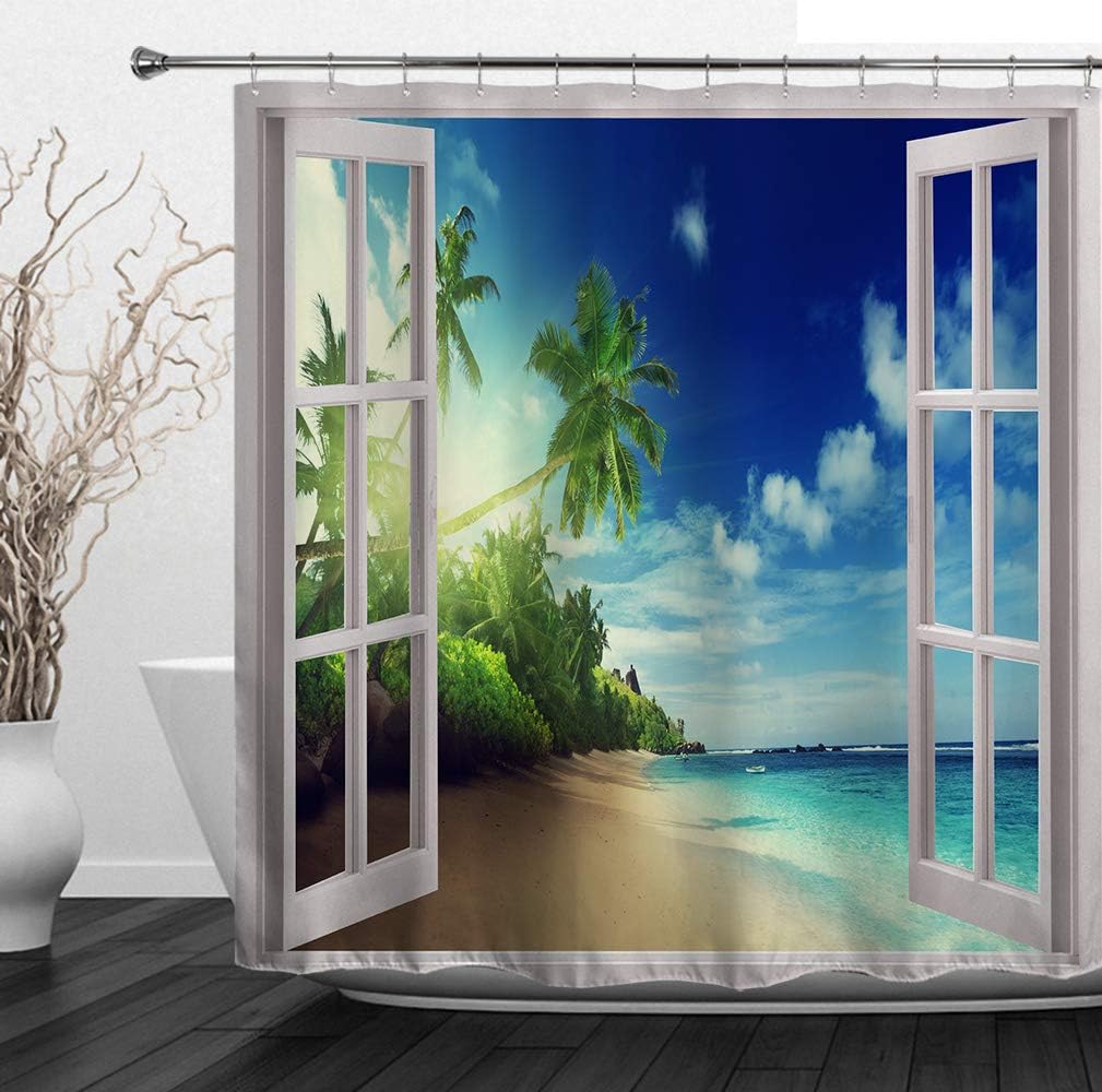HIYOO Bathroom Beach Theme Shower Curtain with Hooks, Tropical Ocean Sea Island Design Bathtub Curtain Sets, Waterproof Polyester Fabric and No Need Liner - Beach Outside The Window 72" W x 72" L