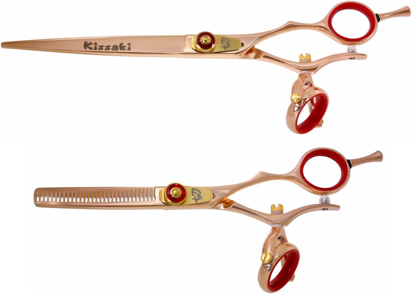 Kissaki Hair Scissors Gokatana 7.0 inches and Kanagawa 30 tooth Rose Gold R Titanium Double Swivel Hair Cutting Shears Thinning Shears Matching Set Combo