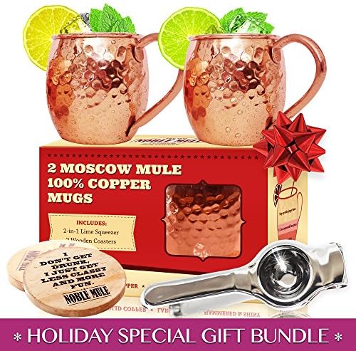 Moscow Mule Copper Mugs Set of 2 | UNMATCHED GIFT BUNDLE Lime Juicer &amp; Coasters - Food Safe 100 % Pure Solid Copper Mugs 16 oz, Unlined Cups, Welded Hammered No Nickel | BLACK FRIDAY DEALS 2017