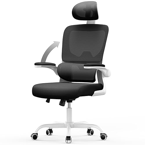 rattantree Office Desk Ergonomic Chair, Computer Chairs with Adjustable Headrest and Lumbar Support, Swivel Mesh Chairs with Flip-up Armrests, High Back Work/Study PC Chair-Black whith White