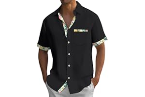 KENVINA Hawaiian Shirt for Men V Neck Short Sleeve Aloha Shirts Stretch Button Down Tops Summer Beach Blouses with Pocket