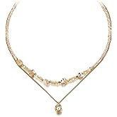 Layered Pearl Necklace, Gold Chain with Natural Shell Beads, Double Strand Statement Pendant, Elegant Beach Style