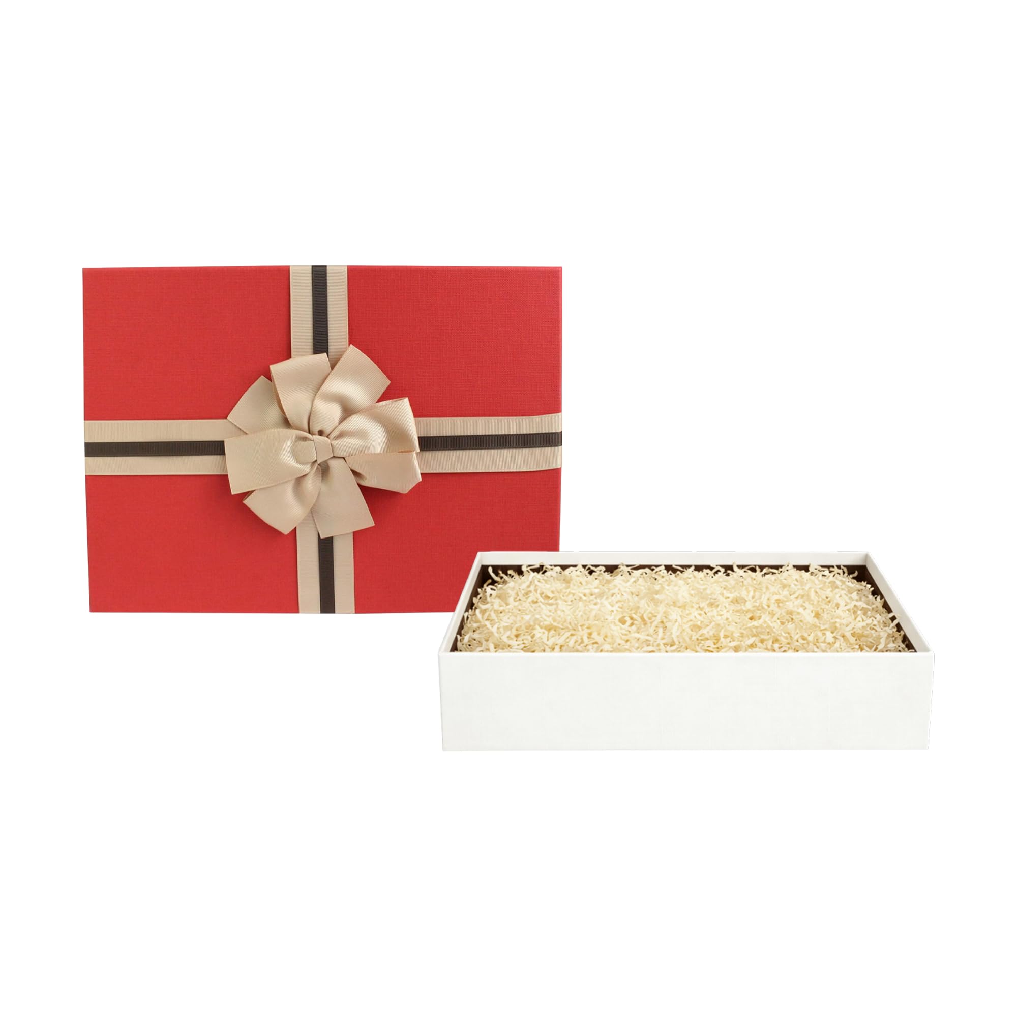 Emartbuy Cream Paper + Cream Red Rigid Gift Box with Ribbon – 33.5 x 25 x 11.5 cm – Luxury Cardboard Box|Premium Packaging for Hampers, Bridesmaid Gifts, Birthdays, Weddings, Corporate Gifting