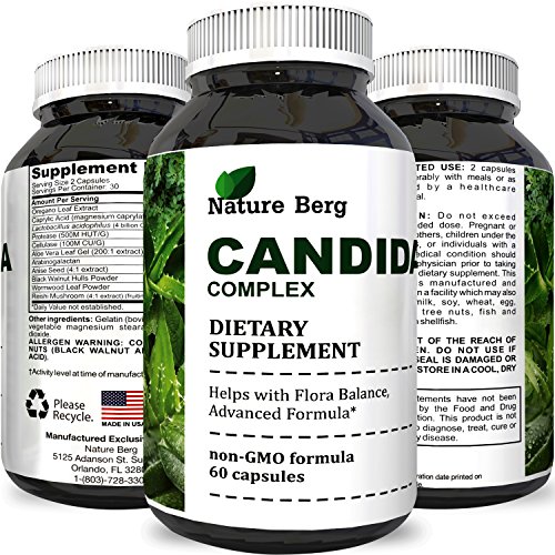 Organic Candida Complex Detox Yeast Cleanse with Enzymes Oregano Oil Caprylic Acid Improve Clarity Immune System Digestion Energy Probiotics Reduce Gas Bloating Weight Loss Support by Nature Berg