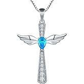 YL Cross Necklace 925 Sterling Silver Angel Wings Pendant Teardrop Birthstone Criss Jewelry for Women