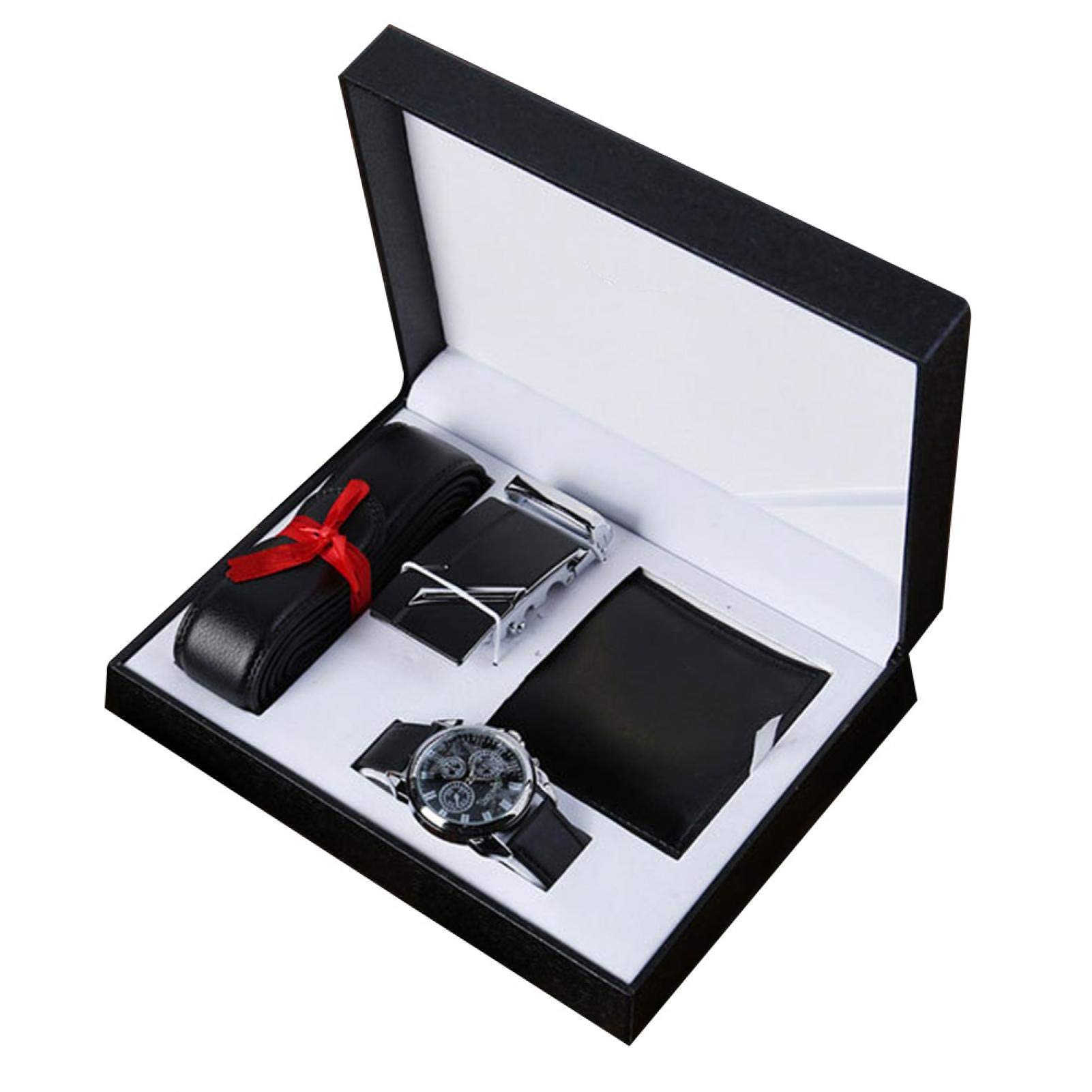 POHOVE Wallet and Belt Gift Set,Gift Set 3pcs hion Valentine's Day Box Accessories PU olleague Father Boyfriend Wallet Watch Belt Men Husband(Black)