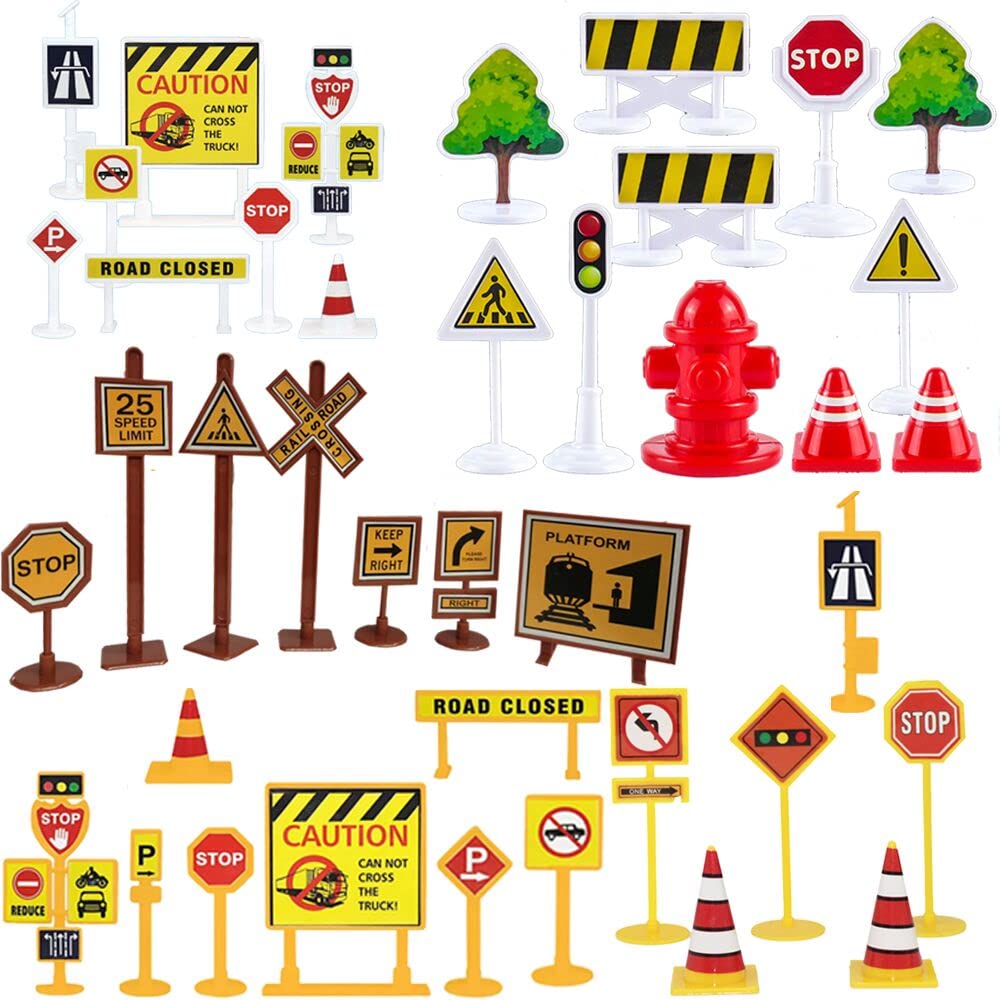 Fycooler Construction Sign Set Toys- Street Road Signs Playset Traffic Playset - Mini Traffic Lights Road Street Signs Toy for Boys Cars Toys Role Play Fun DIY Accessories