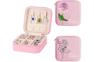 Personalized Jewelry Box,Travel Jewelry Case,Name & Birth Flower Month,Jewelry Organizer Personalized Gifts for Women Birthda