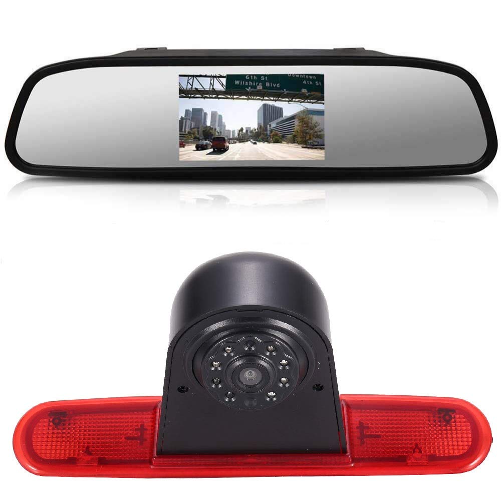 【Reversing Camera + 4.3 Inch HD Rearview Mirror】Parking Mirror for All Cars + Car Third Roof Top Mount Brake Lamp Backup Camera for Fiat Doblo 263 Van (2010-Present) / Opel Combo (2011-2018)