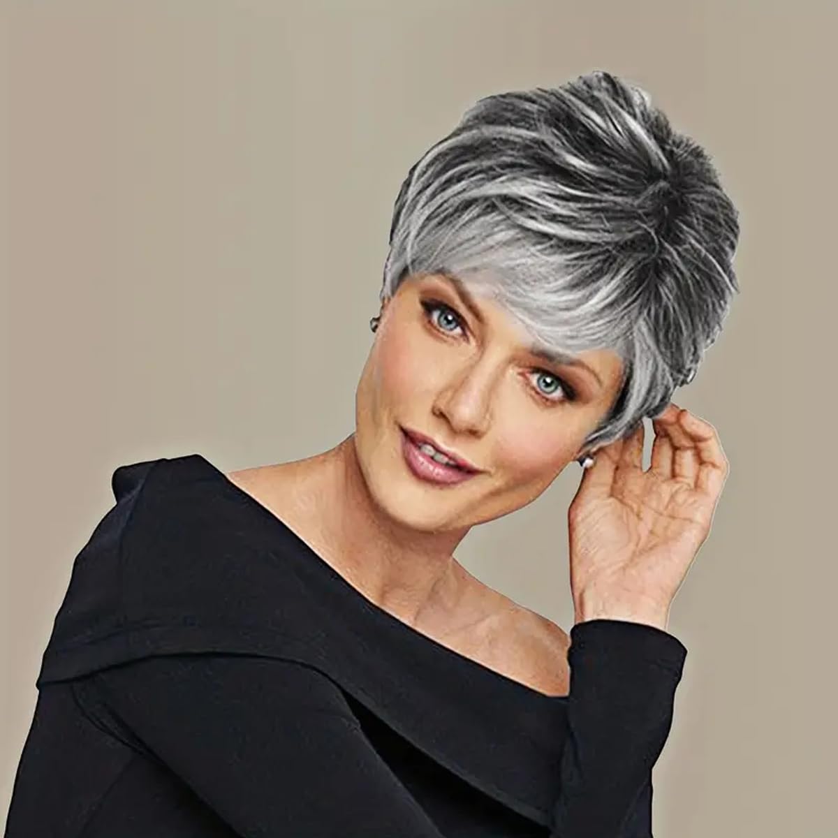 Creamily Short Grey Wigs for Black Women Pixie Cut Wig Synthetic Short Side Part Pixie Hair Cut Wigs with Bangs for Old Women Gray Straight Natural Wig Grey mixed Black โ image 1