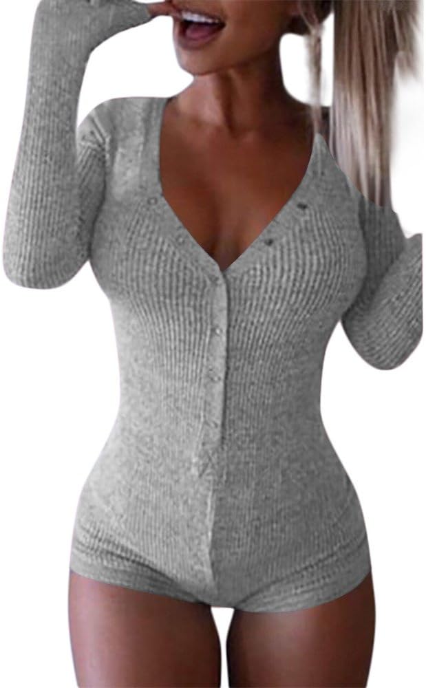 TANLANG Women's Long Sleeve V Neck Bodysuit Single-Breasted Knit One Piece Striped Cotton Solid Stretchy Romper Jumpsuit Tops