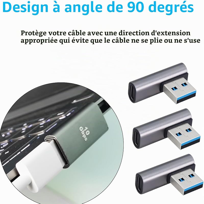Adaptateur USB 3.1 10 Gbps 90 Degrés Mâle vers Type C Femelle - Transfert de Données OTG pour Tablette Portable - 3 Pack (Argent)