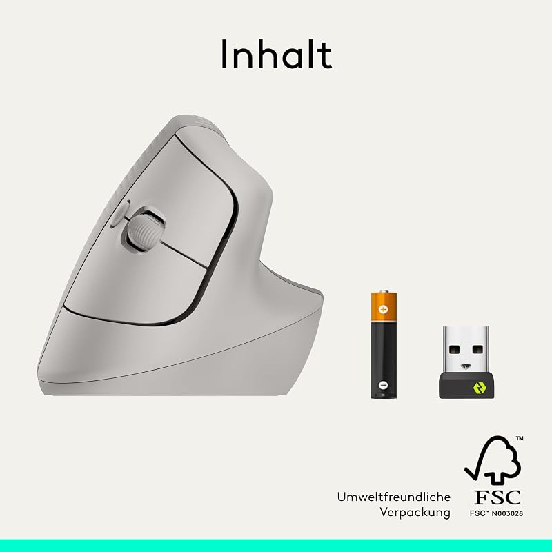 Lift Vertikale Ergonomische Maus, Kabellos, Bluetooth oder Logi Bolt USB-Empfänger, Leise Klicks, 4 Tasten, Kompatibel mit Windows/macOS/iPadOS, Laptop, PC - Sand