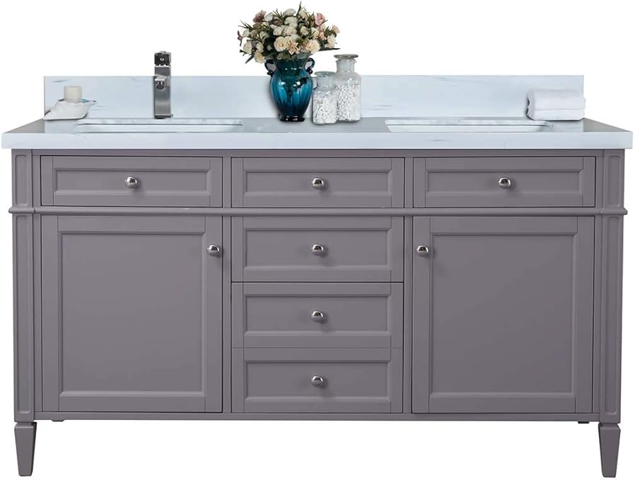 Amazon Com Golden Elite Sorel Bathroom Vanity Grey With Carrera Top 60 Vanities Home Kitchen