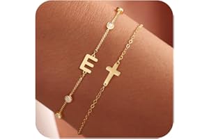 JIAOGE Christmas Gifts for Women Teen Girls Kids - Dainty Gold Bracelets for Women Initial Bracelet Cute Cubic Zirconia Box Chain Letter Cross Bracelets for Teen Girl Gifts Christian Gift for Women